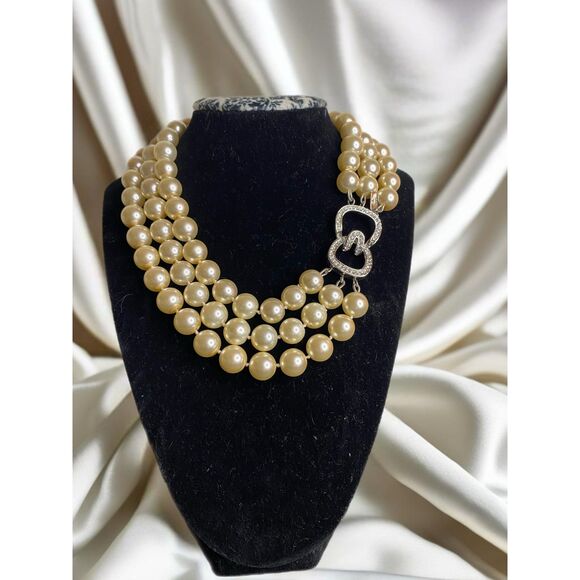 Kenneth Jay Lane3-Row Ivory Glass Pearl Choker Necklace 22K gold electroplated